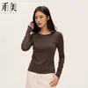 Capa base de seda y acetato para otoño e invierno, de Lyocell y lana, con cuello redondo, tejido cálido, top de manga larga para mujer