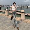 2025 Primavera/Verão Novo Jeans Elástico Slim de Cintura Alta que Valoriza o Corpo para Mulheres, Calças Retas Vintage Comprimento Total Ligeiramente Evasê