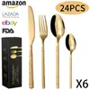 Nuevo Juego de Cubiertos de Acero Inoxidable con Patrón de Piedra Amazon, Cuchillo, Tenedor y Cuchara, Juego de 24 Piezas para Familia, Hotel, Cuchillo y Tenedor para Bistec Western