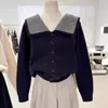 Top de punto a rayas con cuello navy, suéter tipo cárdigan, chaqueta de punto informal de corte holgado para otoño e invierno, ajuste ceñido para mujer, 2026
