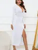 Vestido de Verão Novo Europeu e Americano Cor Sólida Decote V Emagrecedor Temperamento