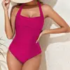 Traje de baño de una pieza con cuello halter transfronterizo europeo y americano para mujer, cuello cuadrado, fruncido, que oculta el abdomen, adelgazante, tankini conservador, traje de baño para viajes y vacaciones