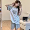 Pijama de Verano para Pareja Hombres y Mujeres Algodón de Imitación Manga Corta Rayado Cuello Redondo Para Usar Afuera Casual Talla Grande Traje de Casa para Estudiantes