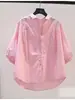Camisa feminina de algodão puro estilo artístico azul claro com mangas de três quartos, camisa casual, novo estilo de verão, top elegante