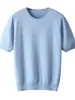 Nova coleção outono e inverno: Suéter 100% lã, camiseta masculina de manga curta com gola redonda, blusa de tricô pulôver, cashmere liso de manga curta
