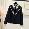 2026 Nueva Blusa Elegante de Estilo Francés con Ribete de Bloques de Color, Cuello Puntiagudo, de un Solo Botón, Holgada con Mangas Abullonadas para Mujer