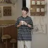 Suministro Exclusivo Transfronterizo Camiseta de Verano para Hombre de Manga Corta Rayada Lyocell Táctil Frío Bloque de Color Adolescente Holgada Casual de Media Manga