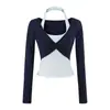 Camiseta Deportiva de Fitness de Manga Larga con Contraste de Color Sexy 'Hot Girl' Otoño Nueva Ajustada Corta para Mujer