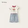Bangxuan Huzhou Zhili Ropa Infantil Conjunto para Niñas Cuello Redondo Volante Manga Corta Jeans Holgados Conjunto de Dos Piezas Infantil Moderno