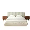 Cama de Tela Estilo Retro Francés Crema Cama Doble de 1.8m Cabecero Tapizado Diseño de Rayas Fresca Cama Estilo Relajado con Carrillón de Viento