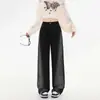 Calça Jeans Wide Leg de Cor Contrastante Preta para Mulheres, Verão Cintura Alta Solta Caimento Amplo Vintage Estreito Comprimento Total de Algodão para Uso Diário