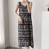 Camisola sem mangas estilo retrô para mulheres, fina de algodão e seda para o verão, estampa de elefante, comprimento midi, pode ser usada fora de casa, vestido de casa