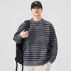 Suéter Masculino de Inverno Tricô Grosso Solto Gola Redonda Listrado Casual de Alta Qualidade Camada Base Simples e Quente