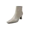Botines cortos de punta cuadrada para mujer hechos de piel de primera flor, botines de tacón alto, nuevos estilos de otoño/invierno, con cremallera trasera, botines individuales de moda, botines cortos de tacón alto