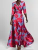 2026 Moda Femenina Europea y Americana Transfronteriza Amazon Vestido Elegante con Cuello en V Estampado Cintura de Corbata Dobladillo Amplio