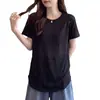Camiseta de mujer de verano transpirable, longitud media, holgada, adelgazante, con costuras visibles, top casual de cuello redondo, manga corta, que cubre las caderas, estilo ins