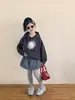 Primavera 2026 Nuevo Estilo Estilo Coreano Ropa Infantil Niñas Sudadera con Capucha Gris Dibujos Animados Gato Manga Larga