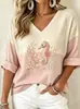 2026 Nueva Camiseta Pulóver Independiente Transfronteriza para Mujer con Hombros Caídos, Cuello en V, Mangas Largas y Estampado Digital 3D