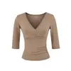 Estilo Desejo Puro Garota Apimentada Gola V Cruzada Cintura Franzida Ajustada Manga Média Cor Sólida Camiseta Verão Novo Slim-Fit Curto Top Cor Sólida