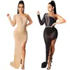 X5028 Ropa de Mujer Europea y Americana Nueva de Otoño e Invierno Transfronteriza Vestido Sexy para Discoteca Malla Transparente Falda Larga Asimétrica para Mujer