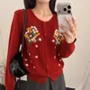 Elegante cárdigan de punto redondo bordado floral para mujer, nueva colección otoño 2026, chaqueta suéter de pelo de mapache