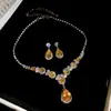 Aretes Cuadrados con Incrustaciones de Diamantes, Collar, Retro, Elegante, Exquisito, Cadena de Clavícula a la Moda, Lujo Ligero, Set de Joyería de Alta Gama