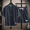 Camiseta Waffle Masculina Manga Curta Seda Gelo Conjunto de Verão de Calças Esportivas Casuais Estilosas e Conjunto Esportivo para Homens