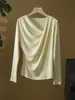 Camiseta de Manga Larga con Cuello Barco de Lana, Modal y Algodón, Suave con la Piel, Cómoda, a la Moda, Adelgazante, Cintura Fruncida para Ceñir, Top Ajustado