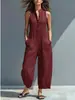 Macacão Casual Feminino Europeu e Americano Transfronteiriço Simples de Mistura de Linho Sem Mangas Botonê Gola Alta Pierna Larga Cargo