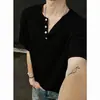 Estilo Old Money Cuello Henry Rayas Tejido Manga Corta Hombre Verano Simple Ajuste Relajado Casual Manga Corta Camiseta Top de Nicho