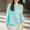 Moletom com Forro de Lã Feminino, Nova Coleção Outono/Inverno, Suéter de Tricô Premium com Manga Longa, Cor Sólida, Lã de Caxemira, Caimento Solto