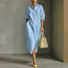 2026 Camisa Vestido Suelta de Algodón y Lino Transfronteriza Europea y Americana Manga Larga Solapa Mangas Enrolladas Abertura Vestido Camisa de Longitud Media