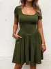 Vestido Elegante Slim-Fit Europeu e Americano Transfronteiriço com Gola Quadrada, Patchwork, Emagrecedor para Mulheres, Verão 2026 Novo Vestido Curto de Cintura Alta Linha A