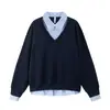 Moletom com Capuz Jingji Ru Meng Estilo Acadêmico Retrô Japonês Falso Duas Peças Gola Camisa Masculino Solto Bloco de Cores Patchwork Casual