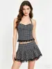 Conjunto a cuadros picante estilo americano para mujer: conjunto de dos piezas de top de encaje con cuello halter + falda plisada de tiro bajo al por mayor