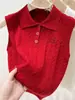 Colete Tricot Gola Polo para Mulheres, Peça de Sobrepor de Verão, Roupa de Baixo, Regata sem Mangas, Top Curto Bordado, Branco