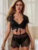 Conjunto de Lingerie Sexy Duas Peças com Cadarço Renda Transparente Roupa de Dormir Sexy Transfronteiriça Europeia e Americana Tamanho Plus