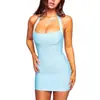 Vestido lencero simple de color liso con retazos, estilo europeo y americano, cuello cuadrado, cuello halter, espalda descubierta, minivestido ajustado y sexy para chicas calientes