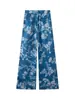 Conjunto de dos piezas para mujer de comercio exterior transfronterizo estilo chino nuevo europeo y americano con estampado, cuello alto vintage, top corto y pantalones de pierna ancha