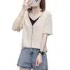 Talla grande Ropa de Mujer Sense Falso Dos piezas Cuello en V Manga Corta Camiseta Suéter de Punto chica gordita Adelgazante Fino Suelto Top Cubre Vientre