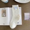 Calcetines con Lazo Estilo Coreano para Mujer Estilo Miu Calcetines Blancos y Azules de Felpa Primavera y Otoño Nuevos Calcetines Bordados de Encaje de Media Pantorrilla