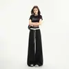 25 años primavera y verano nuevo diseño de encaje de color contrastante cintura elástica caída deportes casuales ligeramente holgados de campana pantalones para mujer