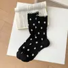 Meias Estilo Coreano para Mulheres, Novas Meias Versáteis de Meia-Perna para Primavera e Verão com Bolinhas, Bordas Franzidas, Malha, Algodão Puro, Estilo Fino, Meias Largas