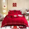 Conjunto de quatro peças para casamento, enxoval de recém-casados, capa de edredom bordada, conjunto vermelho de casamento, quarto de casamento, cama de casamento, conjunto bordado festivo