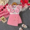Conjunto de 2 Piezas para Niña: Top de Manga Corta con Volantes y Flores 3D y Falda con Botones Decorativos, Transfronterizo