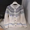 Cardigan Jacquard Fair Isle 2026 Inverno Novo Estilo Jaqueta Solta Feminina Suéter de Lã de Cordeiro Cashmere