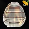 Suéter para hombre, estilo retro japonés a rayas con contraste de color, suéter de camisa de fondo, suéter grueso de marca de moda para otoño e invierno, abrigo suelto