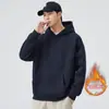 Moletom com capuz e forro de fleece pesado de 420g para homens, outono e inverno, bordado de letras estilo americano, moletom cinza de corte solto