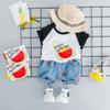 Oferta especial: Nuevo Conjunto de Camiseta de Manga Corta Estampada de Sandía para Niños, Tendencia de Verano, con Pantalones Cortos de Mezclilla, Estilo Coreano, Disponible para Dropshipping