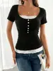 Camiseta sexy de dos piezas falsas de manga corta para mujer, estilo europeo y americano, top de encaje, nuevo estilo de verano, crop top dulce y picante para chica, deseo puro
